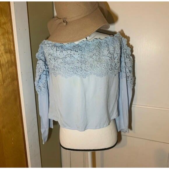 Adorable Light Blue Floral Lace Knit Off Shoulder Long Sleeve Summer Top Large - Picture 1 of 10
